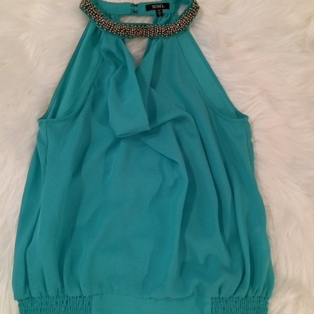 Sleeveless jewel neck aqua bleu blouse